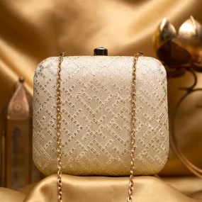 Beige Sequins And Thread Embroidery Clutch