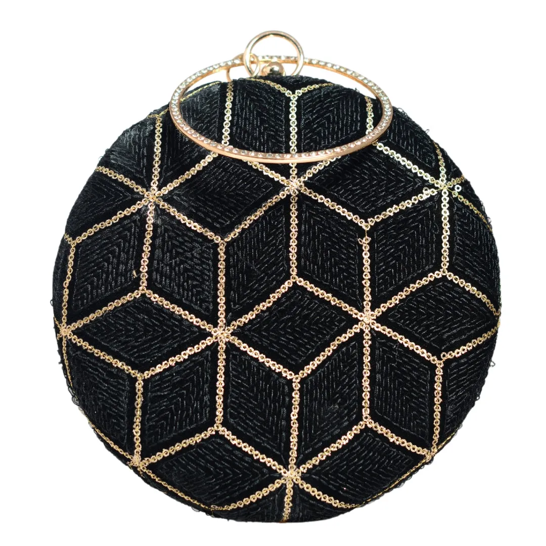 Black And Golden Sequin Embroidery Round Clutch