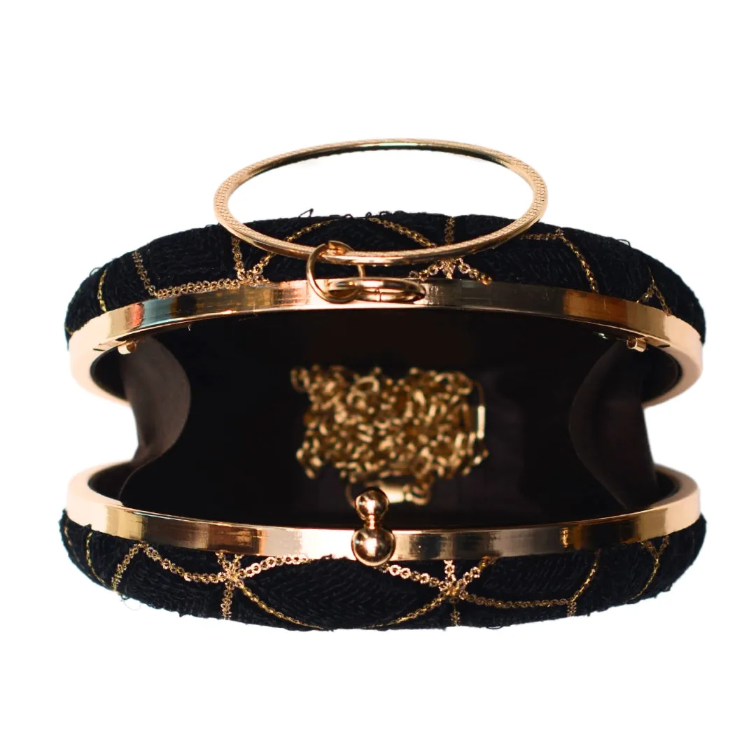 Black And Golden Sequin Embroidery Round Clutch