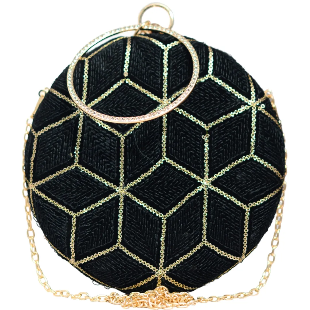 Black And Golden Sequin Embroidery Round Clutch