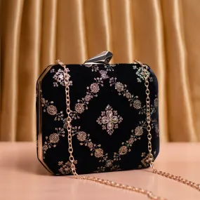 Black And Golden Sequins Embroidery Party Clutch