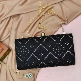 Black Embroidered Rectangular Clutch