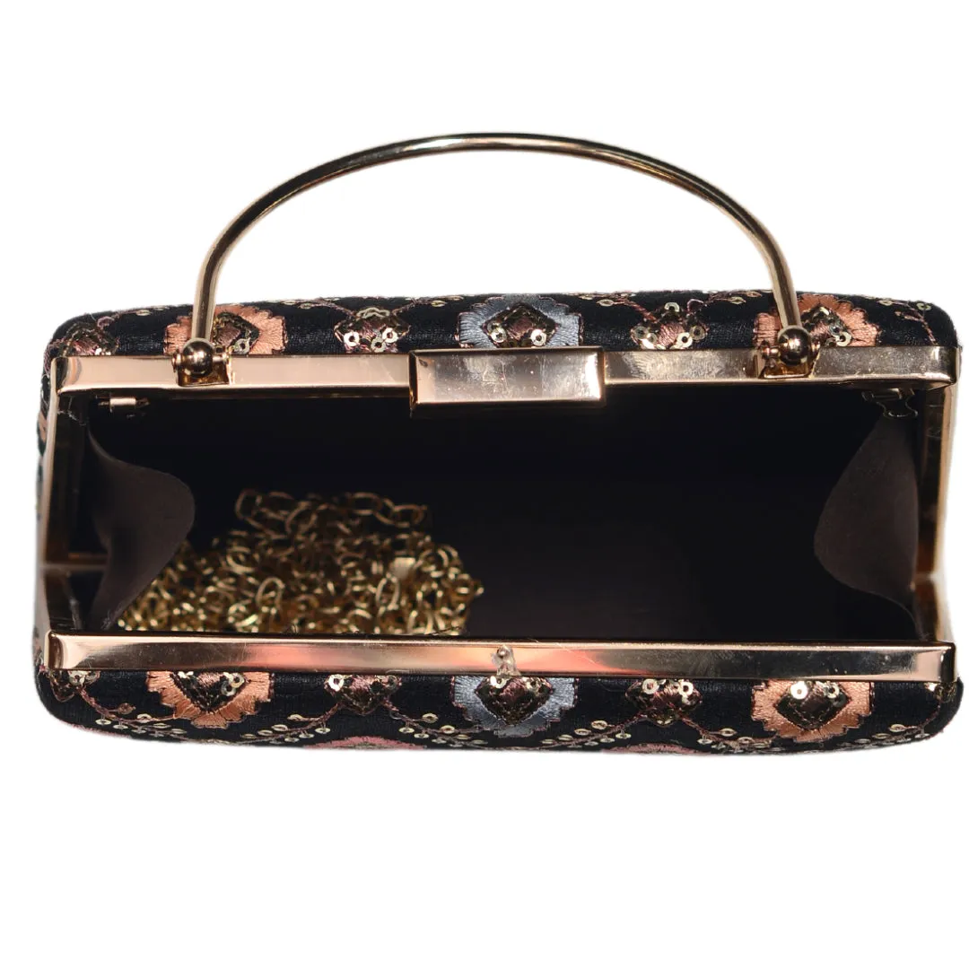 Black Multicolor Sequins Embroidery Clutch