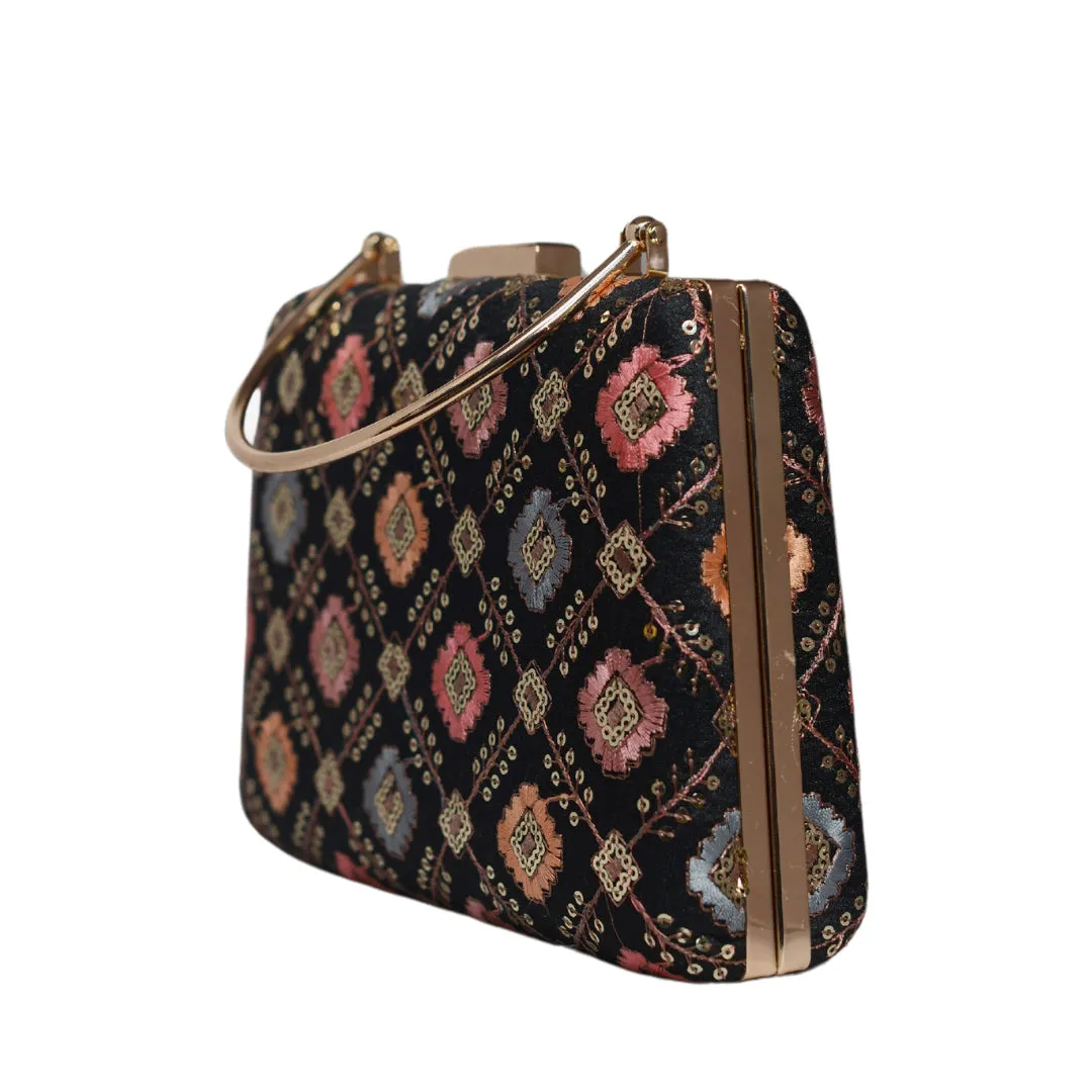 Black Multicolor Sequins Embroidery Clutch