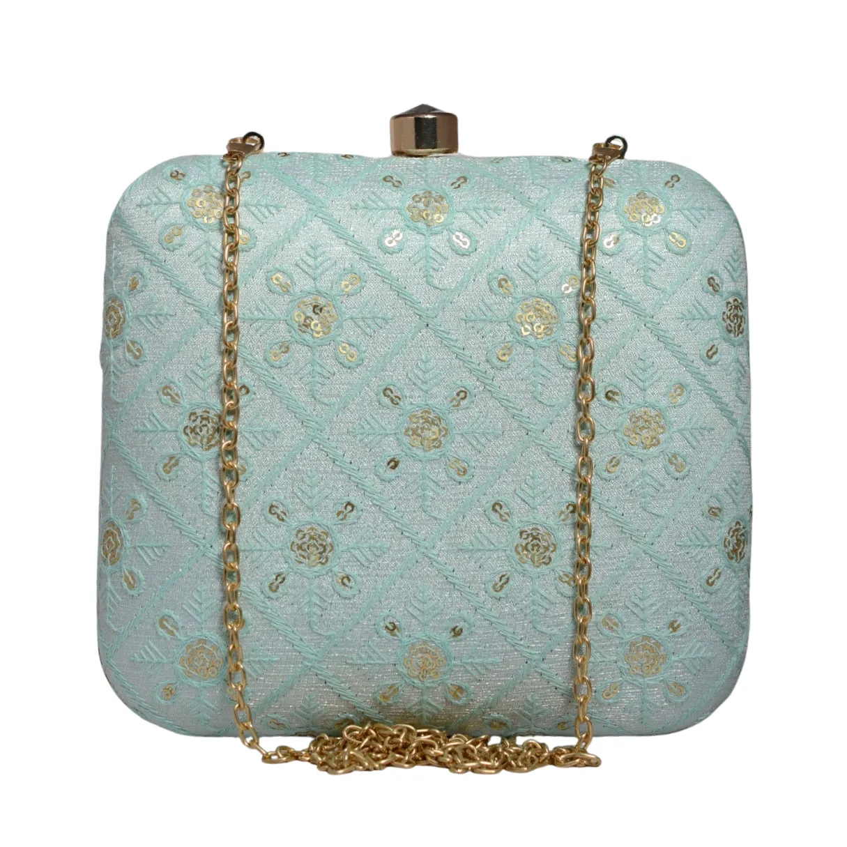 Blue Box Pattern Thread Embroidery Clutch