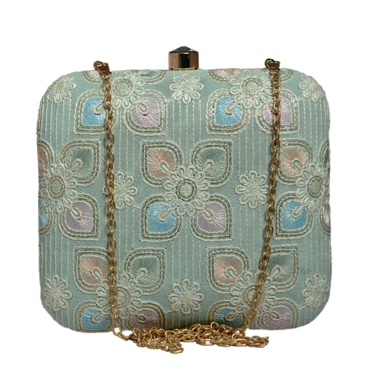 Green Floral Thread Embroidery Clutch