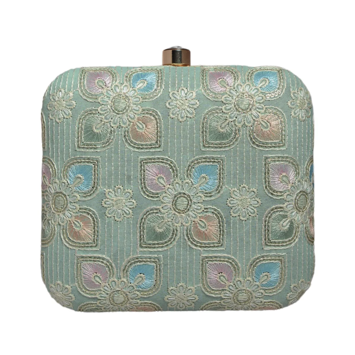 Green Floral Thread Embroidery Clutch