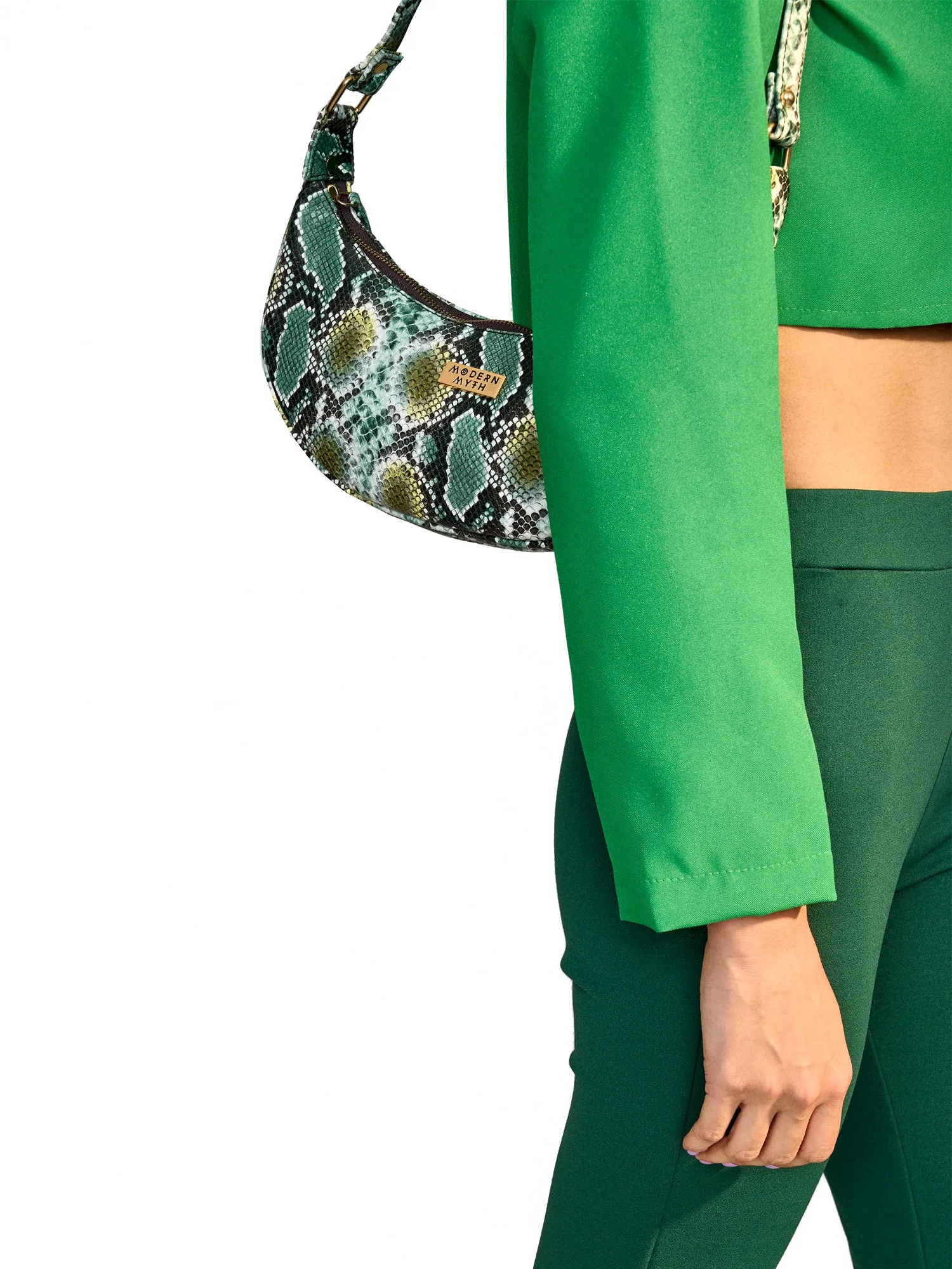 Green Snake Print Half Moon Baguette Shoulder Bag | Modern Myth