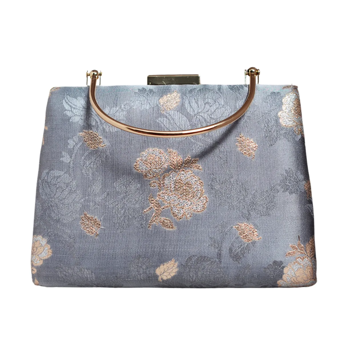 Grey And Golden Floral Brocade Fabric Clutch