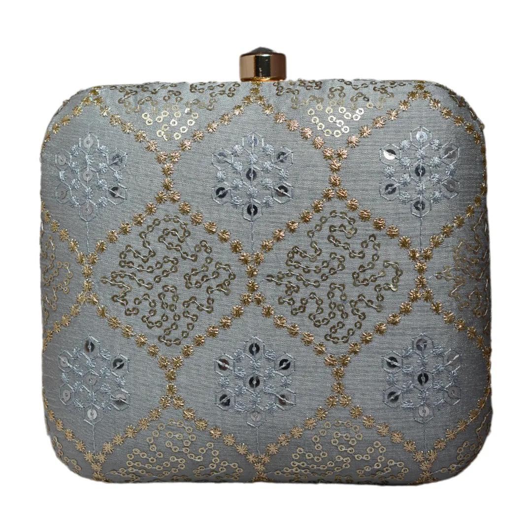 Grey Threadwork Embroidery Party Clutch