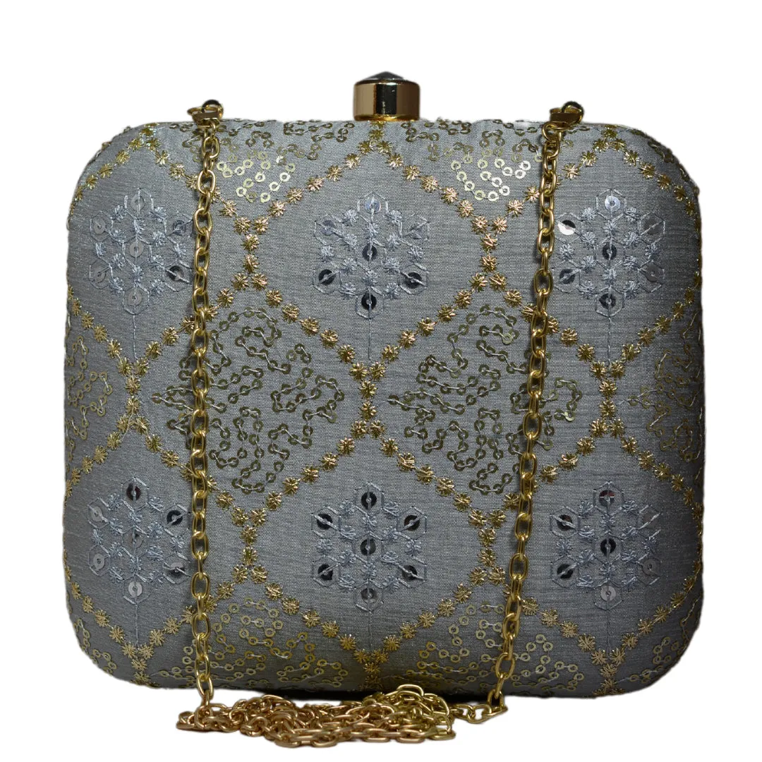 Grey Threadwork Embroidery Party Clutch