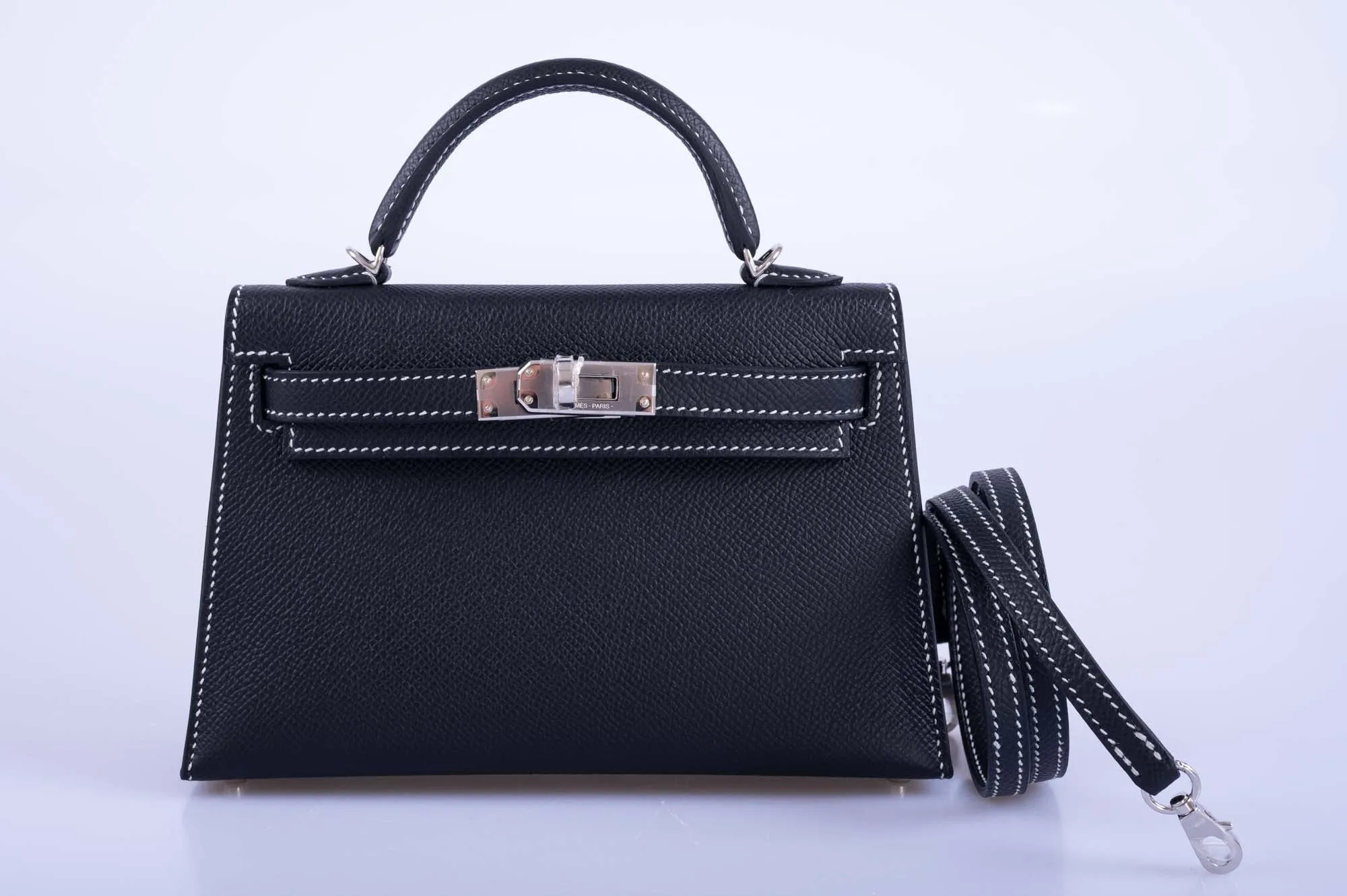 Hermès HSS Kelly Mini 20 Sellier Black Epsom, Gris Tourterelle Interior with White Stitching Palladium