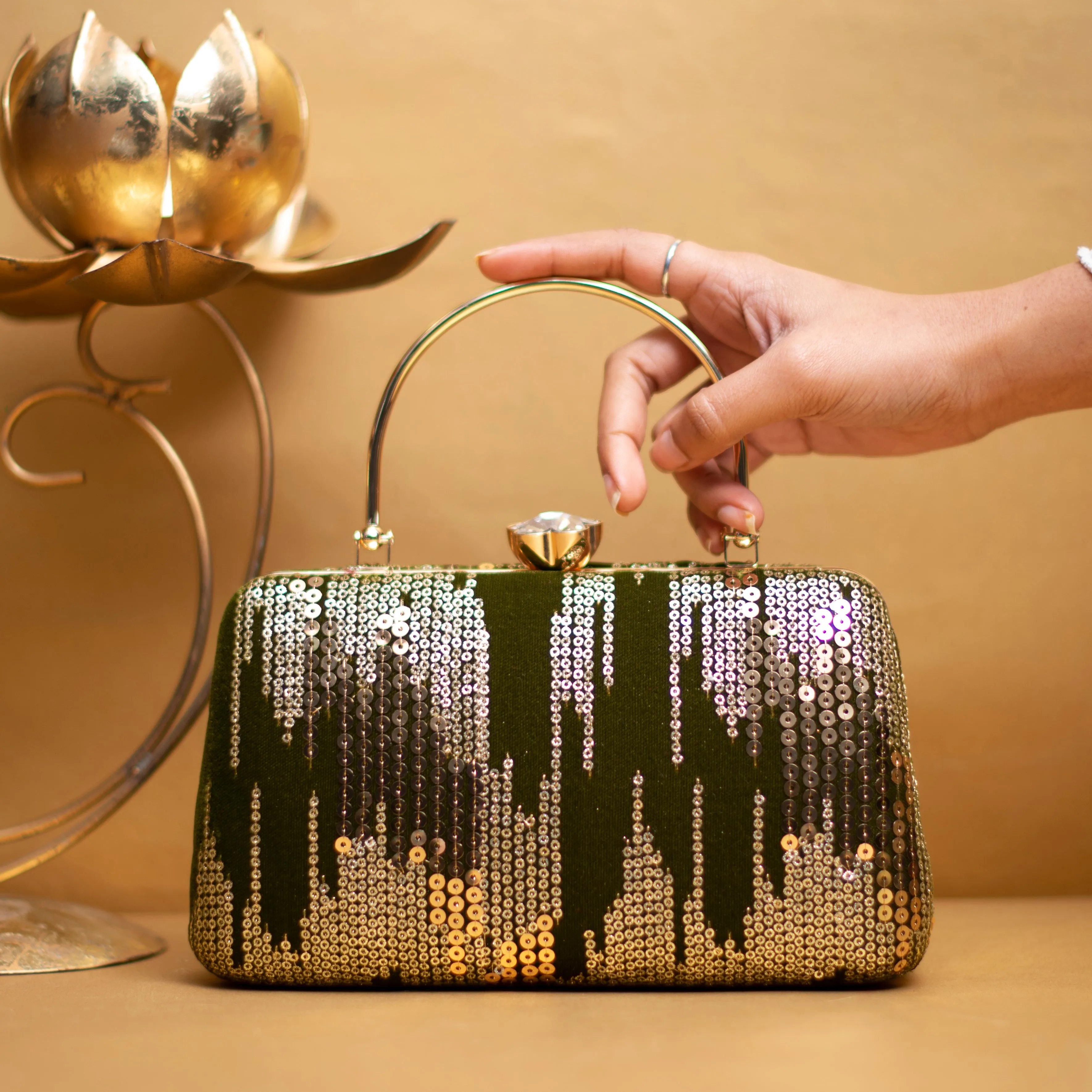 Moss Green Sequins Embroidery Party Clutch