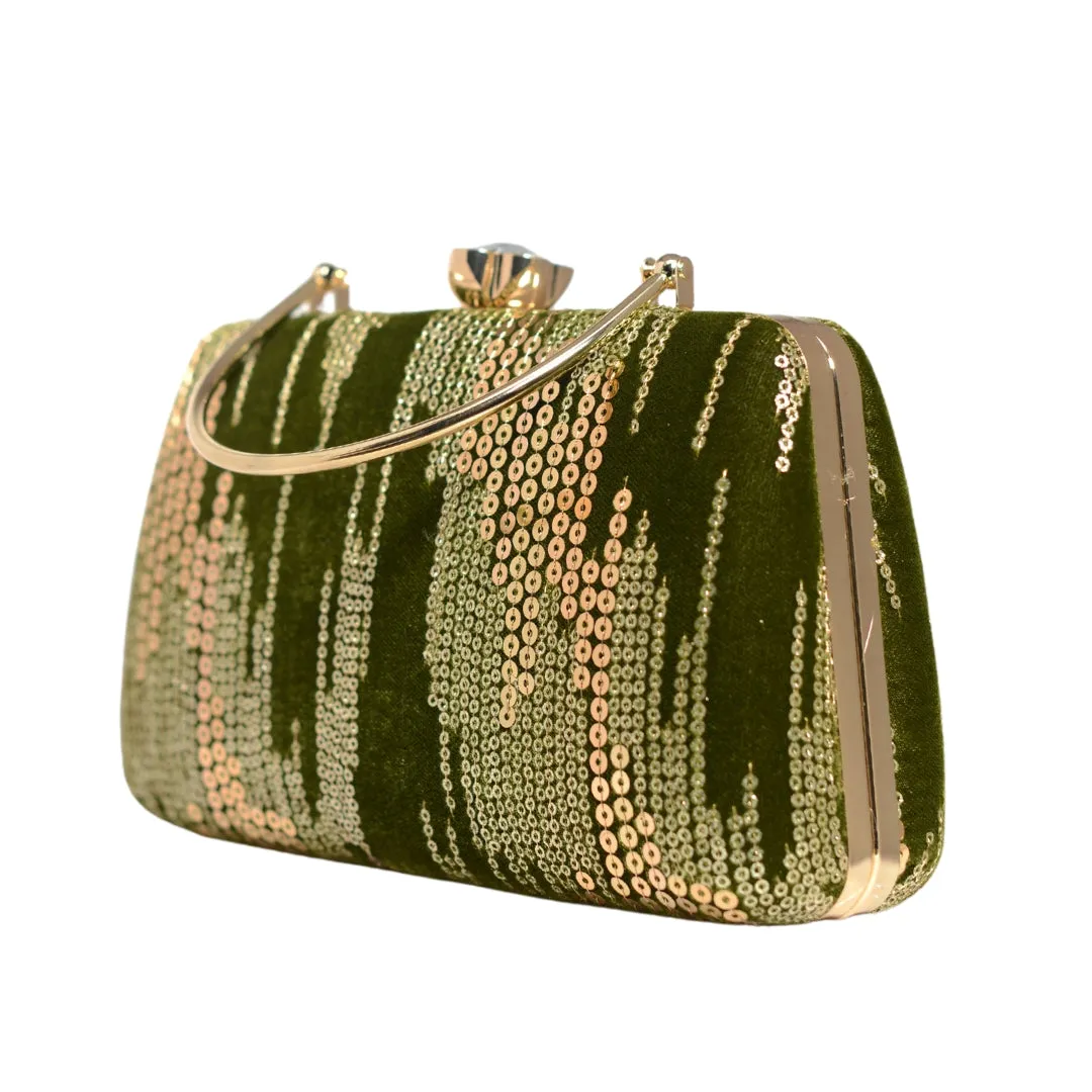 Moss Green Sequins Embroidery Party Clutch