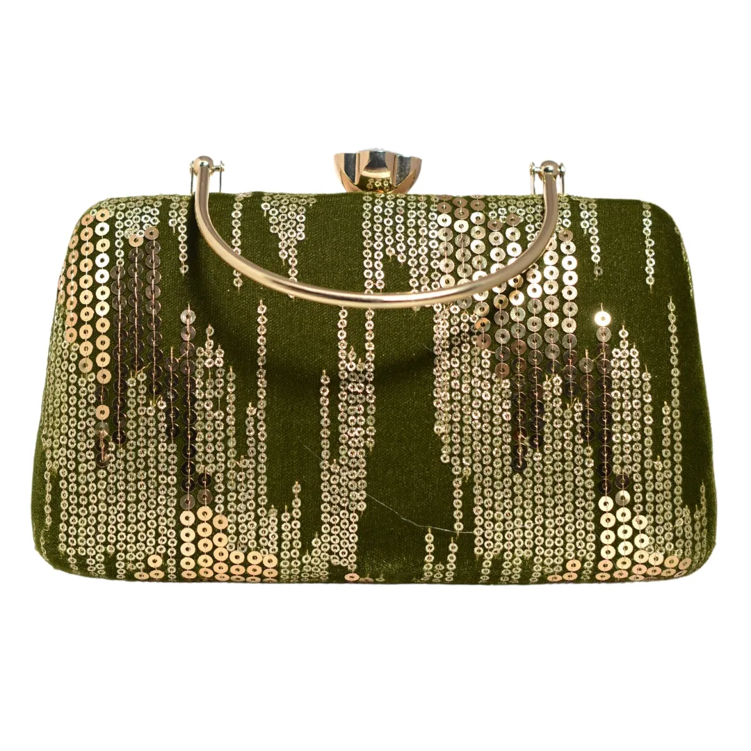 Moss Green Sequins Embroidery Party Clutch