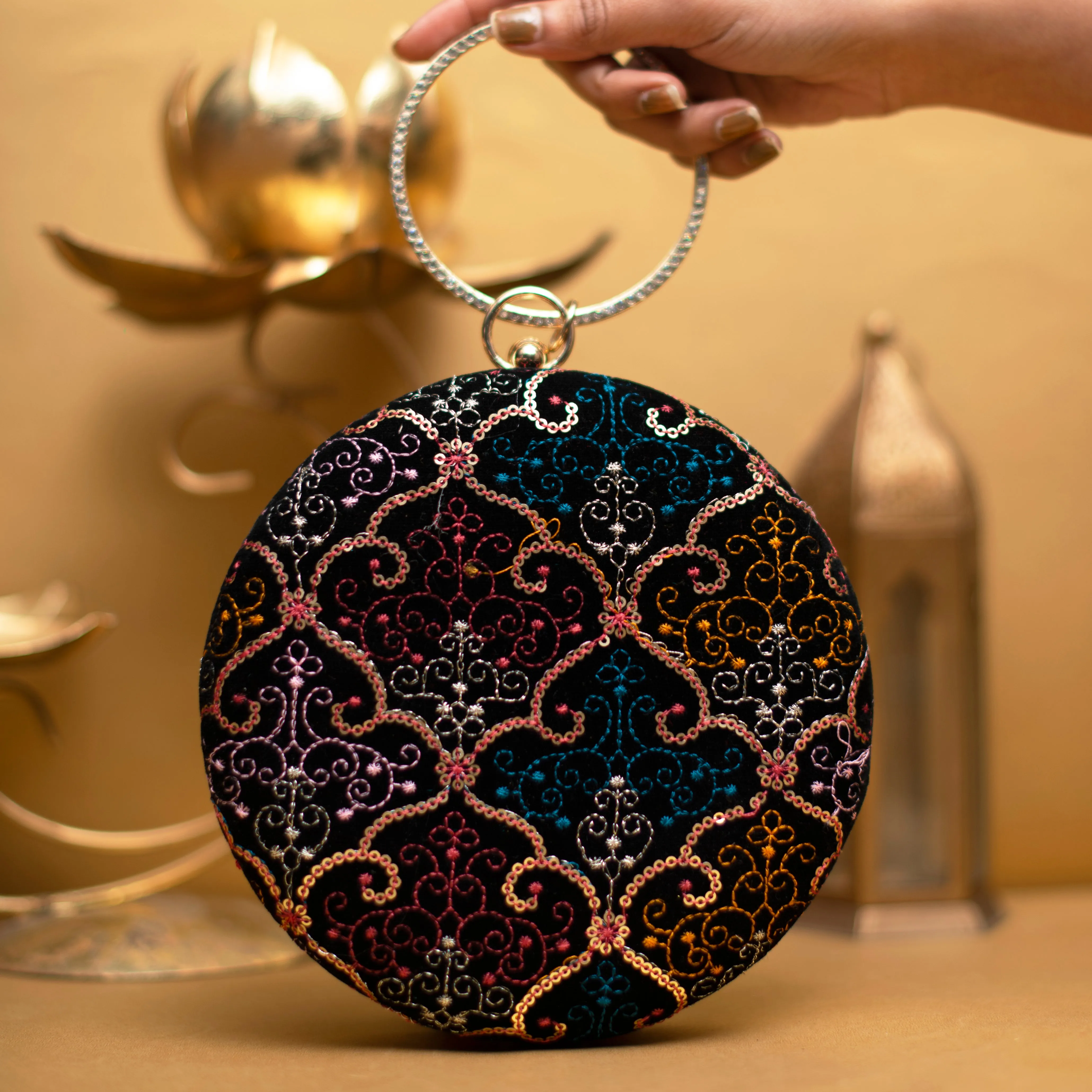 Multicolour Sequin Embroidery Round Clutch