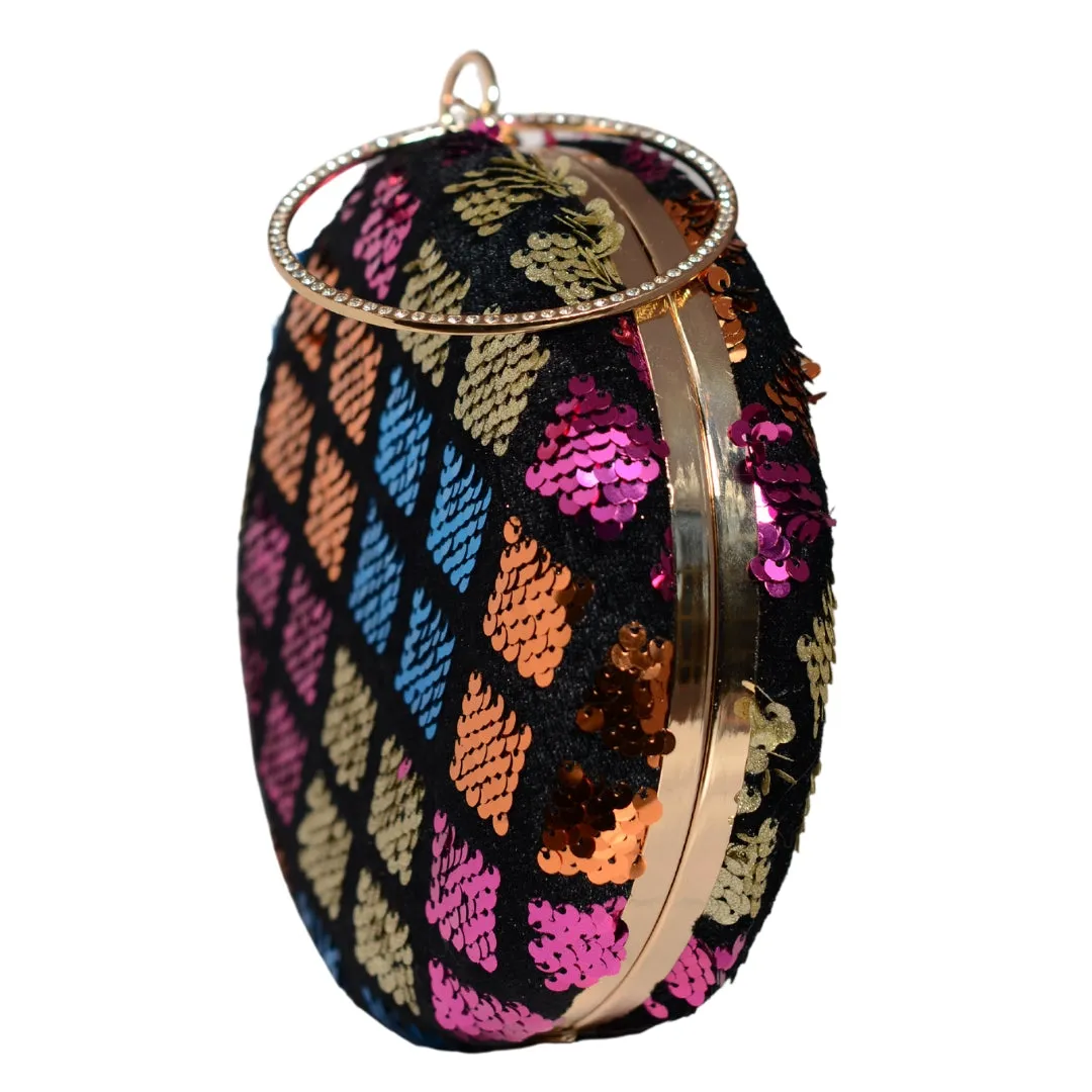 Multicoloured Round Embroidery Party Clutch