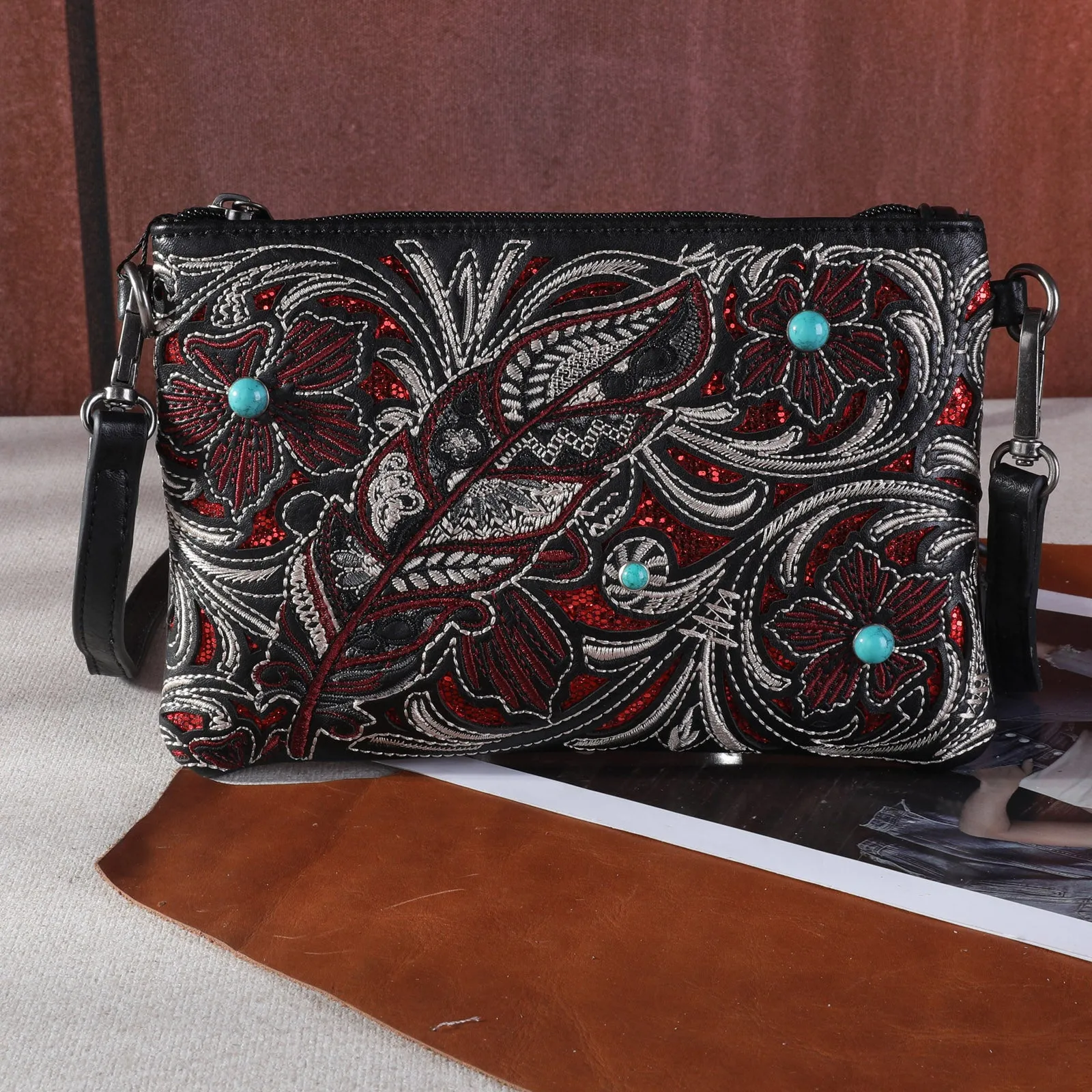 MW1244-181 Montana West  Embroidered Floral Cut-out Collection Clutch/Crossbody