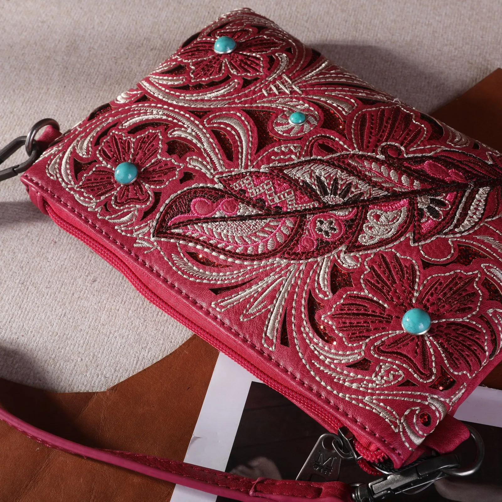 MW1244-181 Montana West  Embroidered Floral Cut-out Collection Clutch/Crossbody