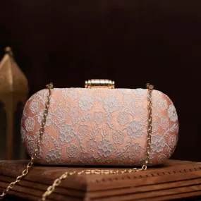 Peach And White Thread Embroidery Clutch