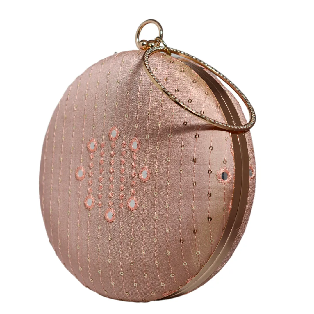 Peach Sequins And Thread Embroidery Round Clutch