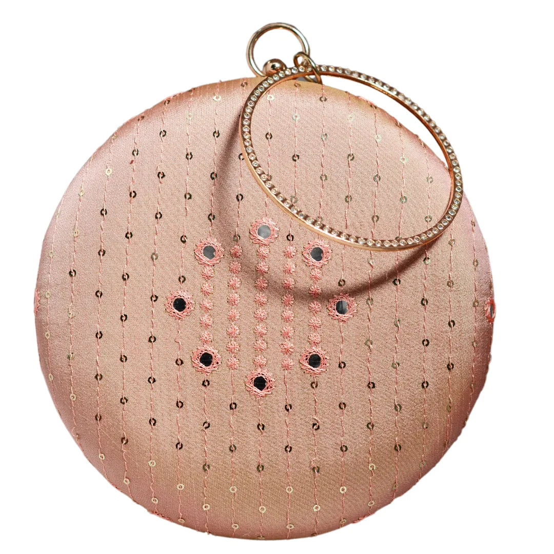 Peach Sequins And Thread Embroidery Round Clutch