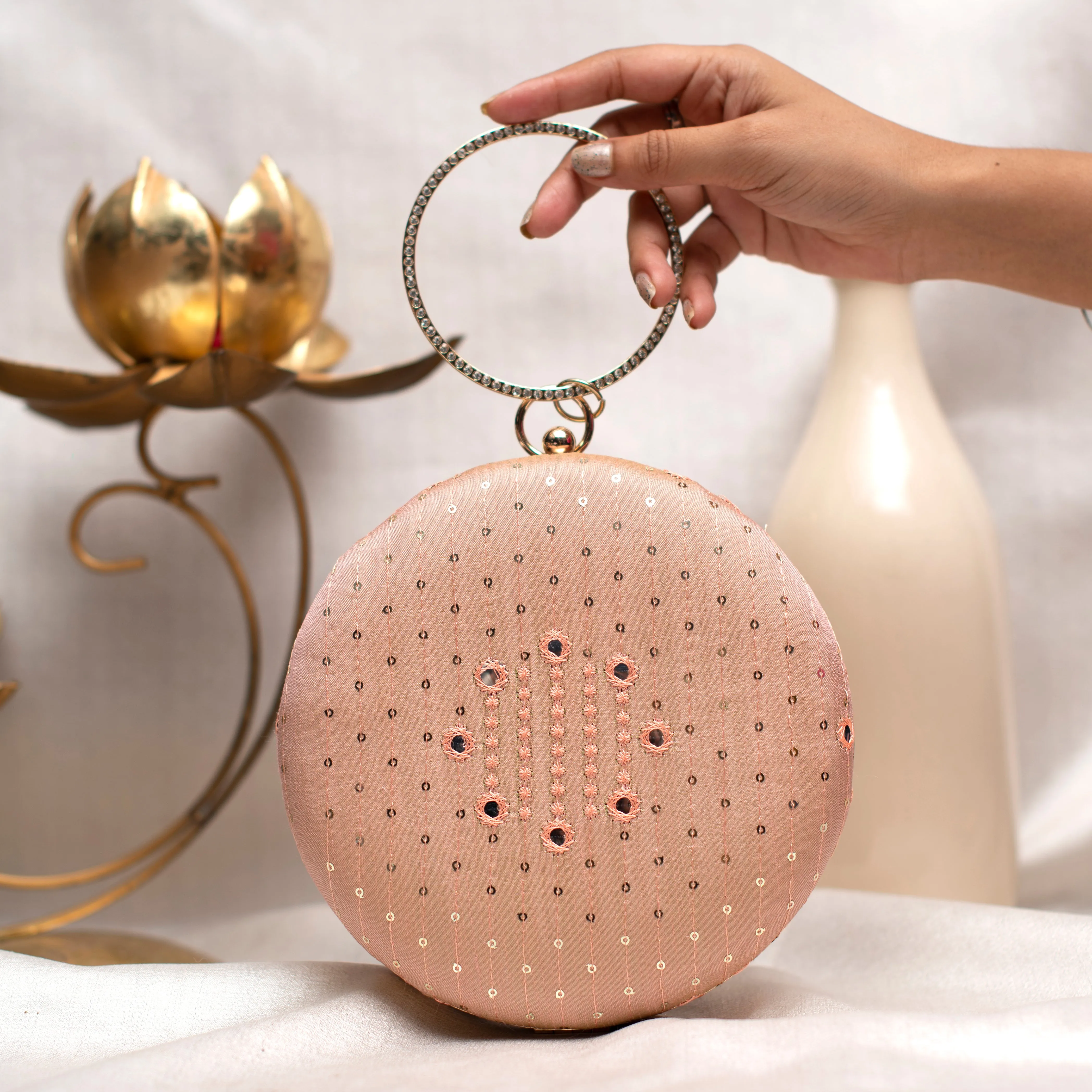 Peach Sequins And Thread Embroidery Round Clutch