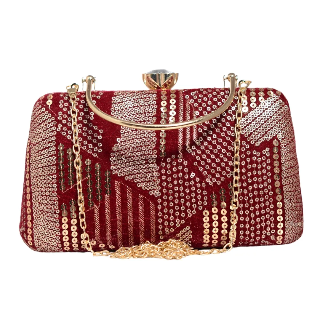 Red Sequins Multipattern Embroidery Party Clutch