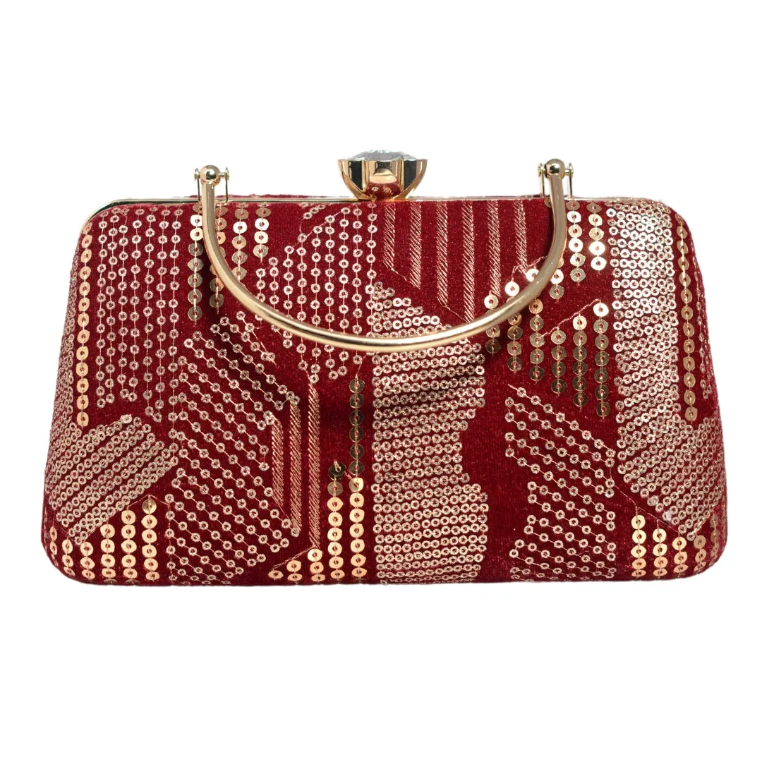 Red Sequins Multipattern Embroidery Party Clutch