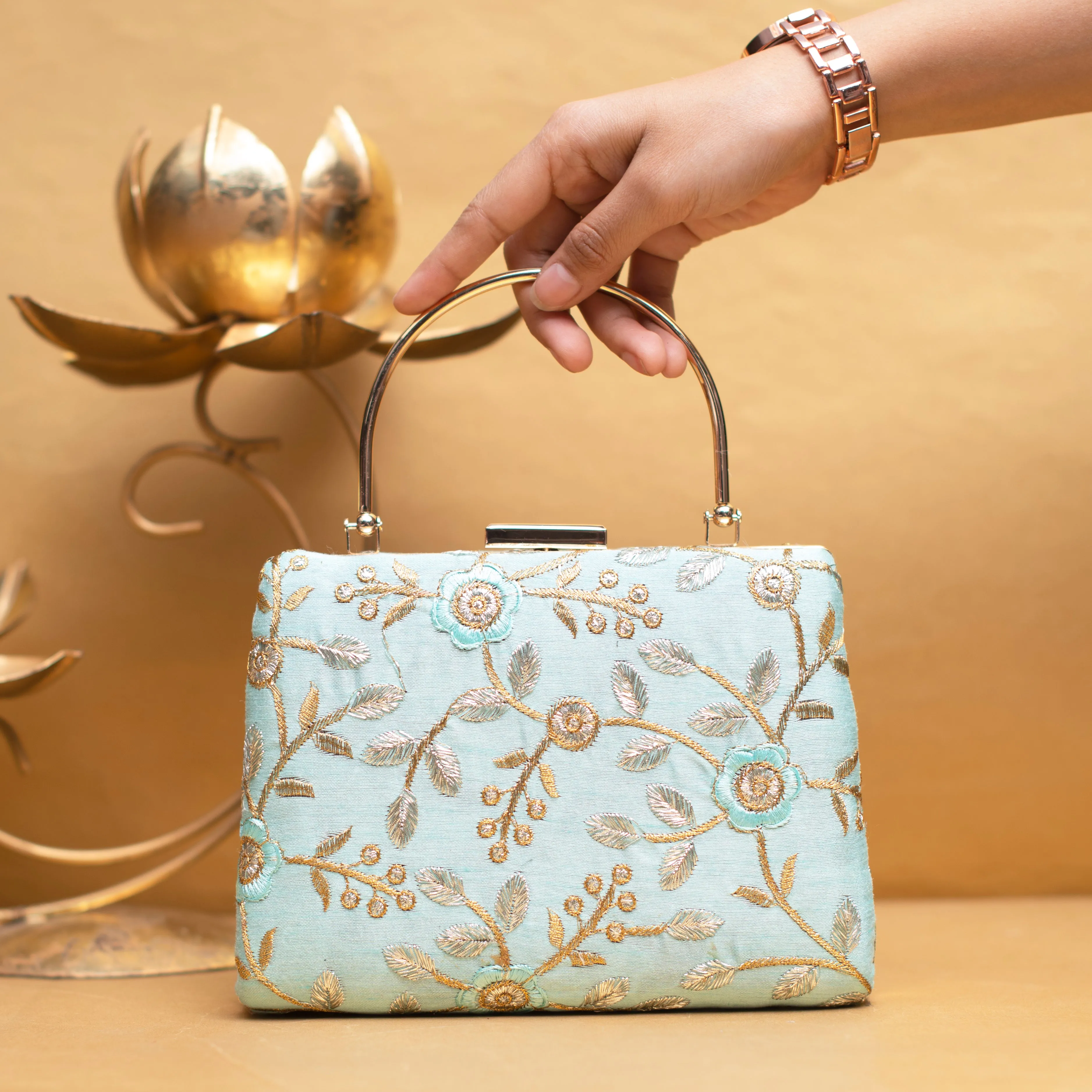 Sky Blue Floral Embroidery Clutch