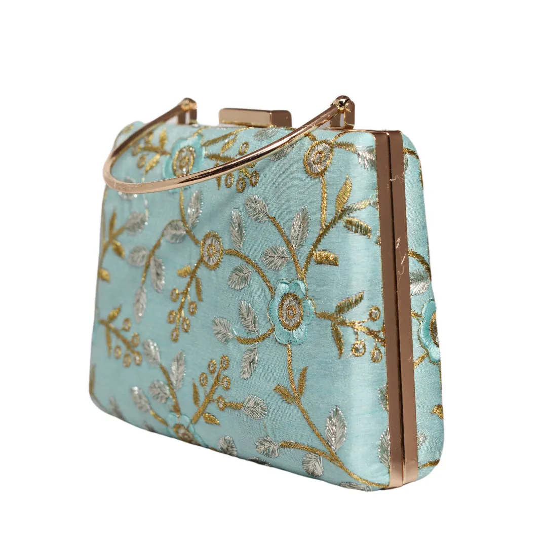 Sky Blue Floral Embroidery Clutch