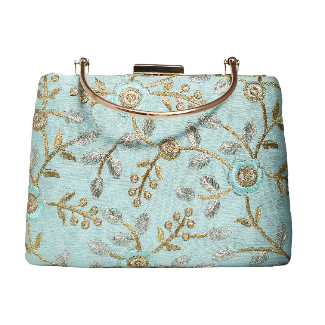 Sky Blue Floral Embroidery Clutch