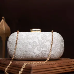 White Floral Thread Embroidery Clutch