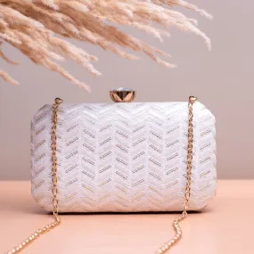 White Sequins Embroidery Fabric Clutch