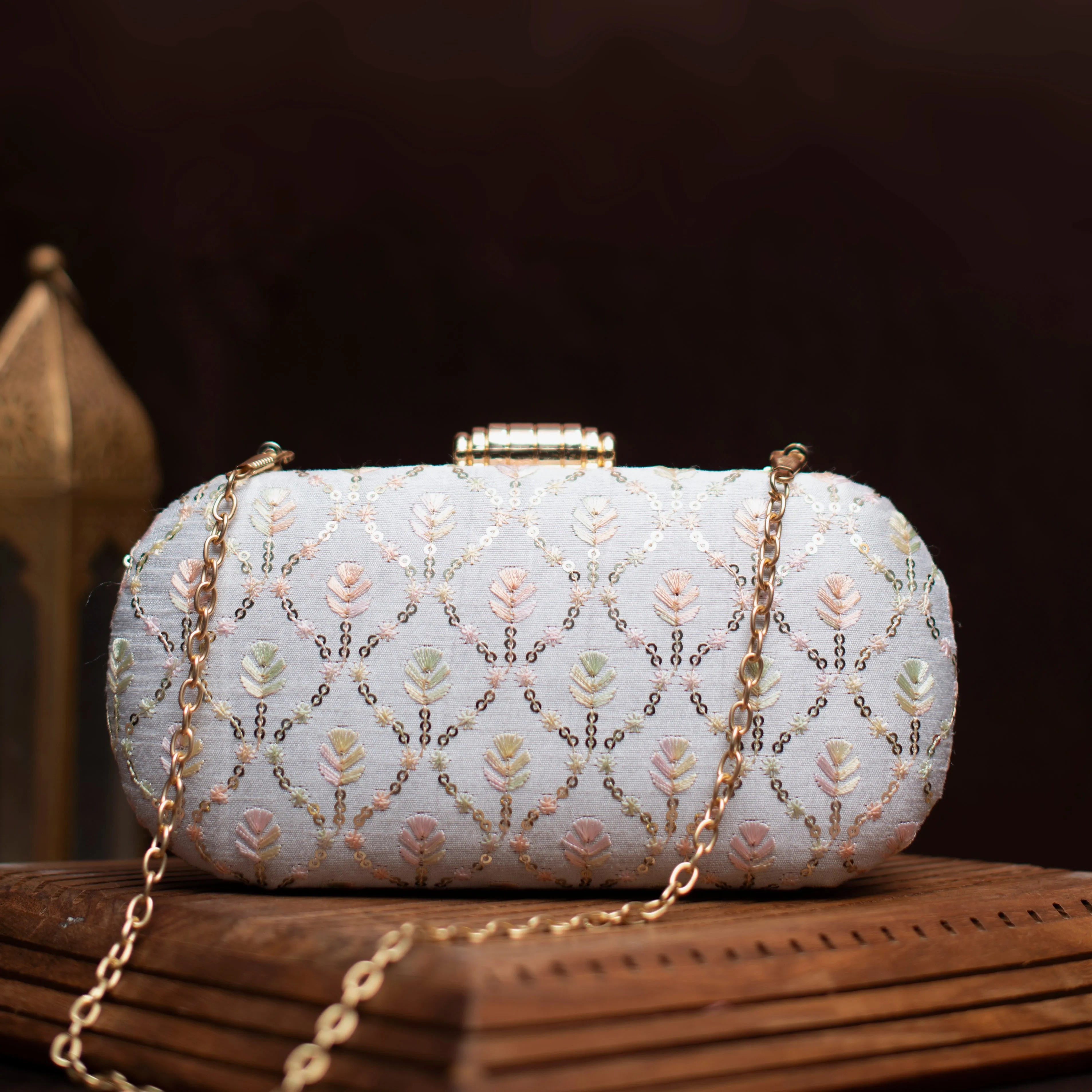 White Thread And Sequins Embroidery Clutch