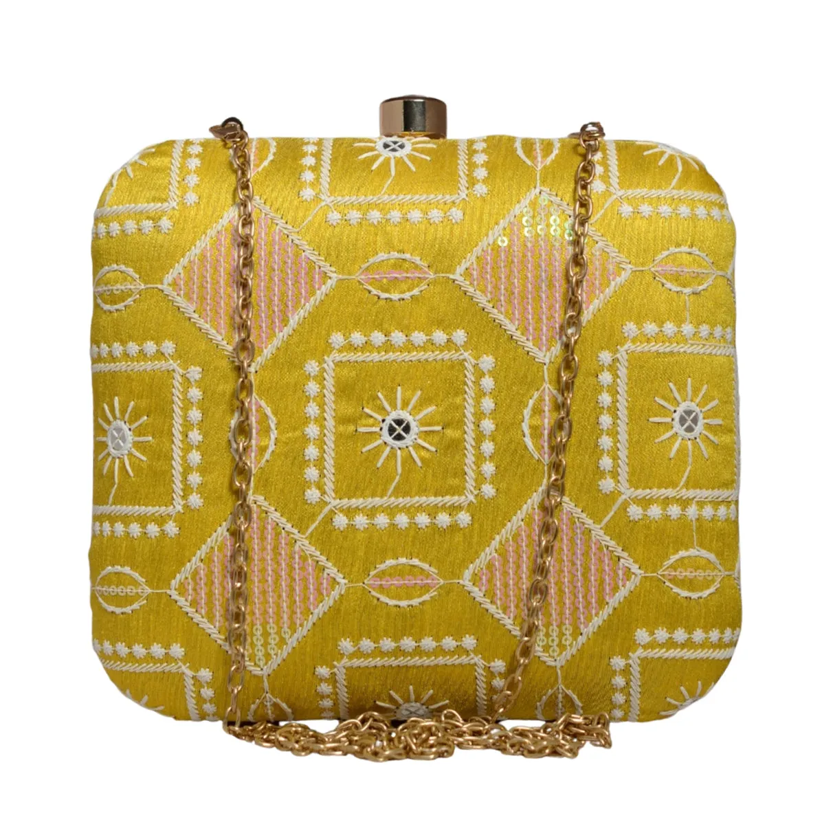 Yellow And White Thread Embroidery Clutch