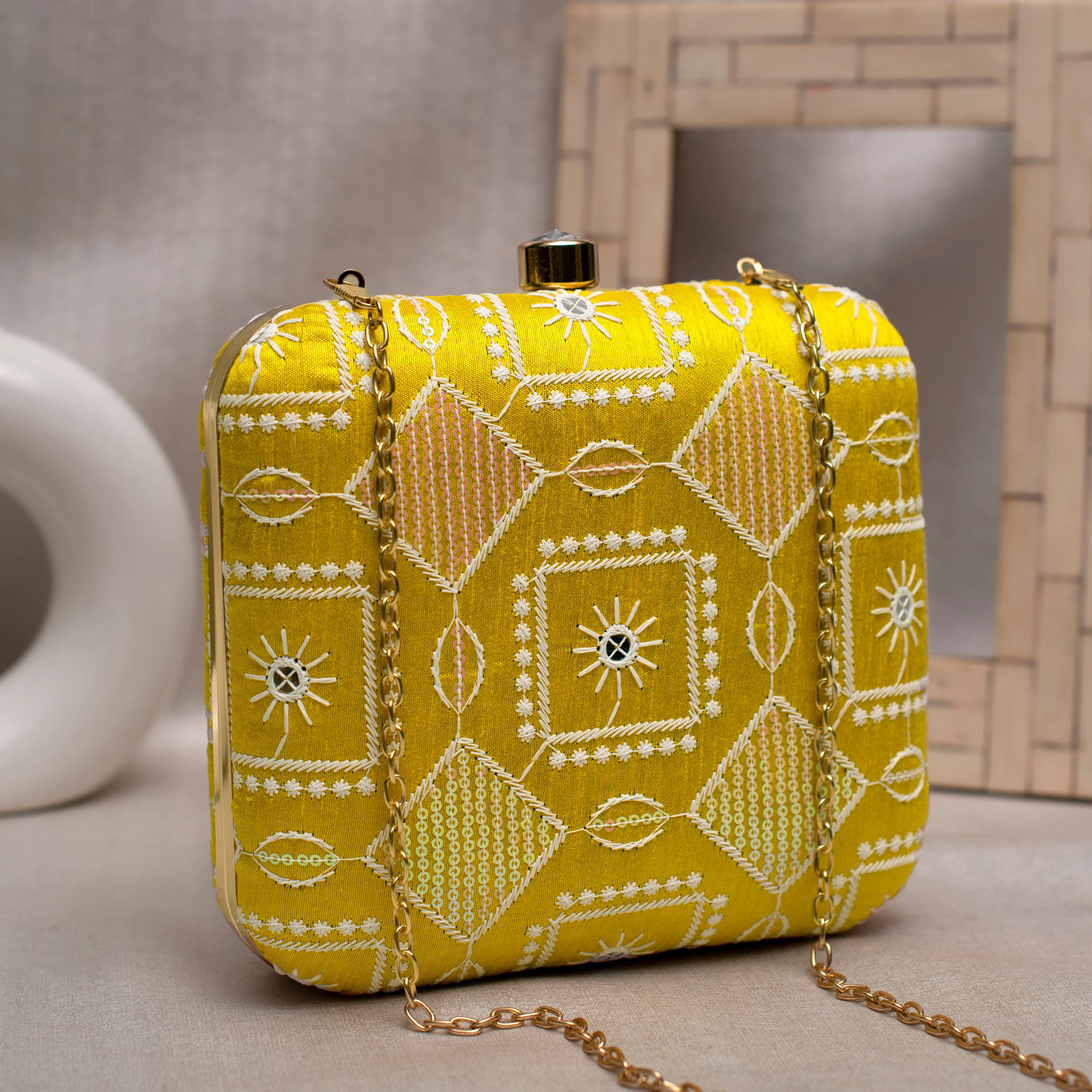 Yellow And White Thread Embroidery Clutch