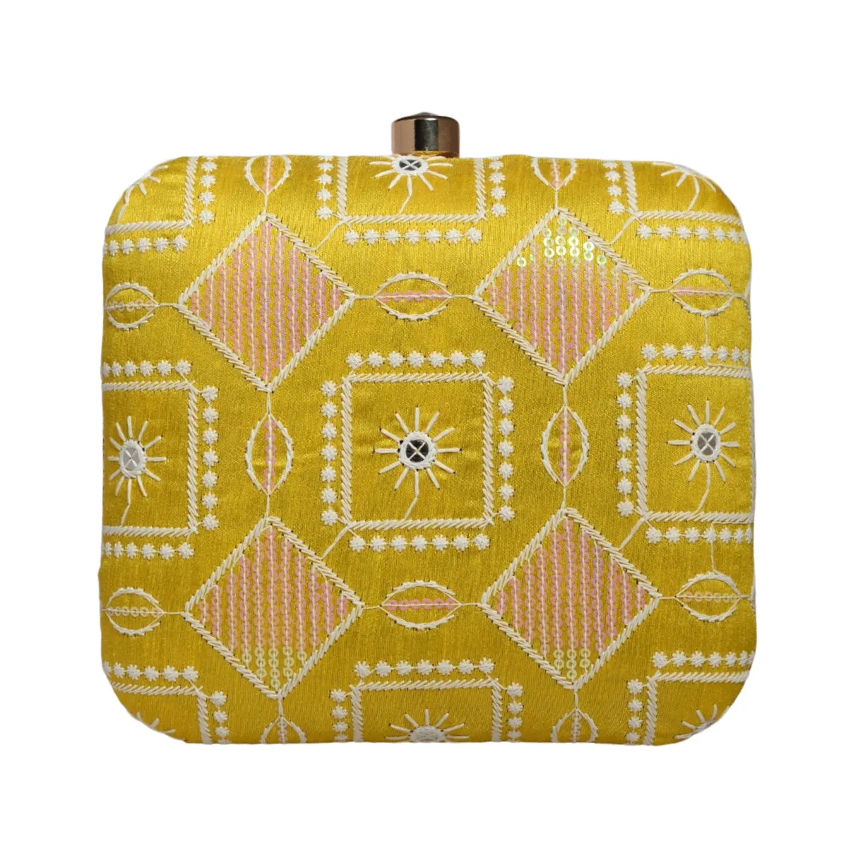 Yellow And White Thread Embroidery Clutch