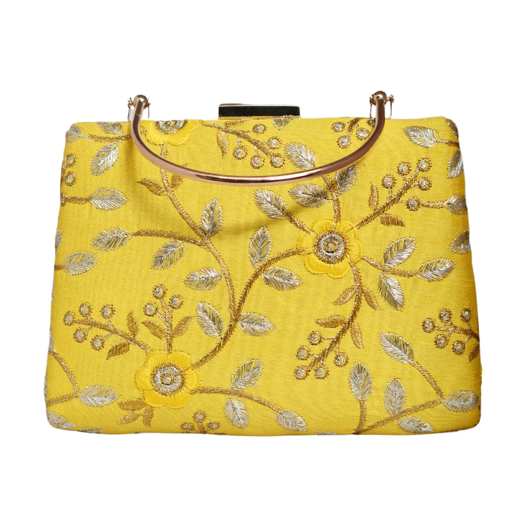 Yellow Floral Embroidery Clutch