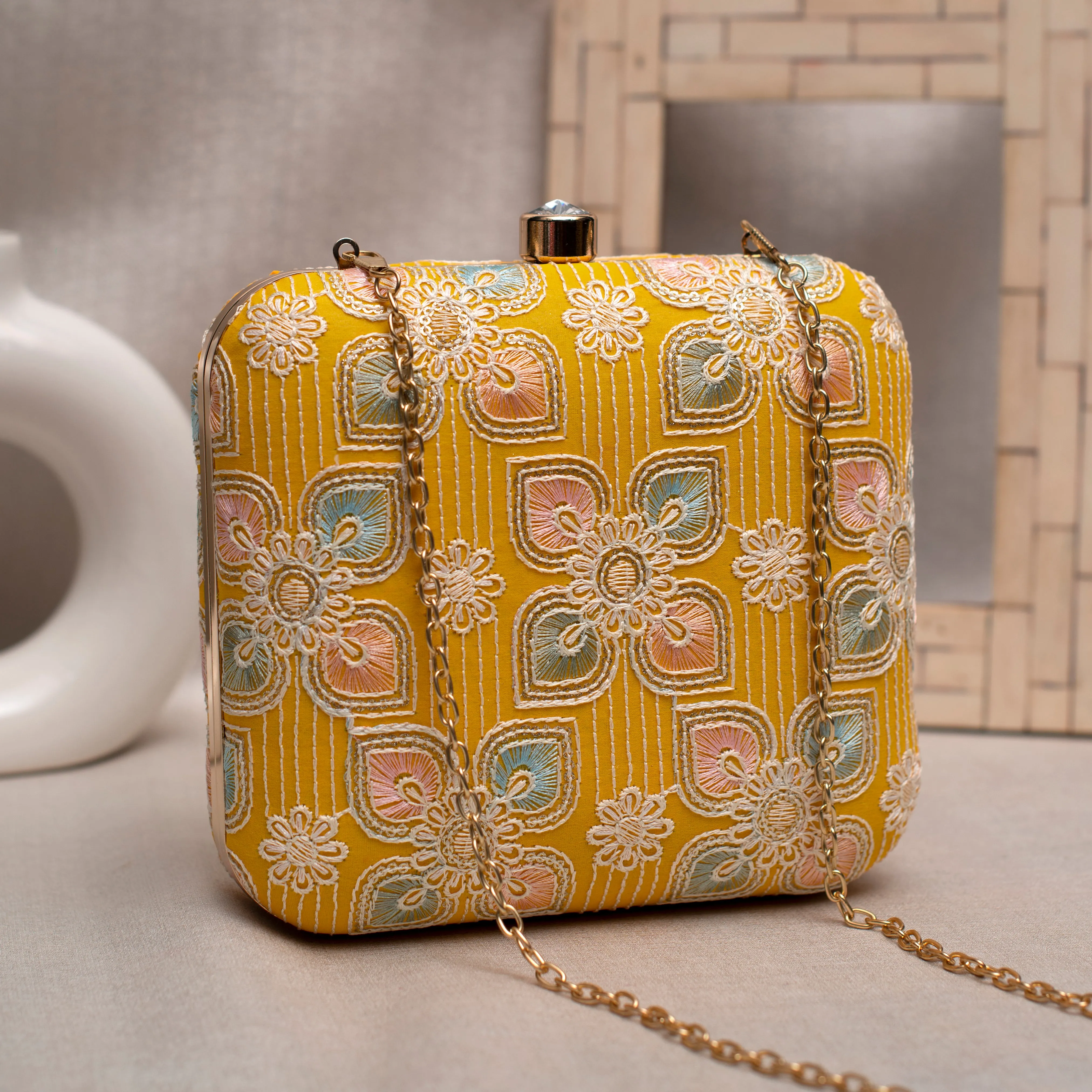 Yellow Floral Thread Embroidery Clutch