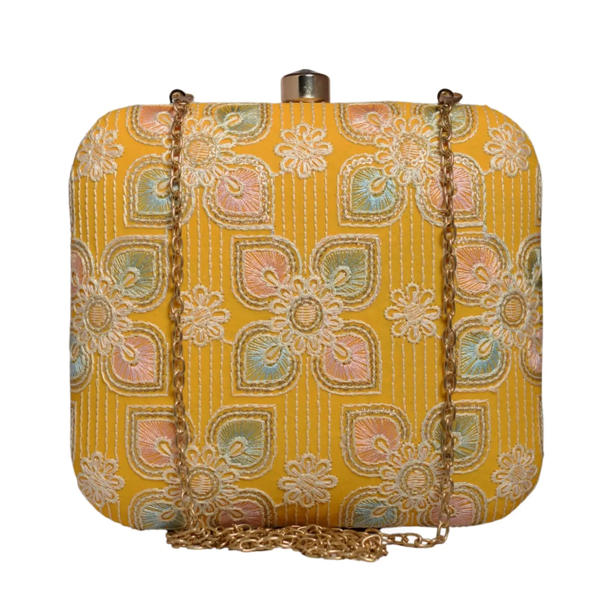 Yellow Floral Thread Embroidery Clutch